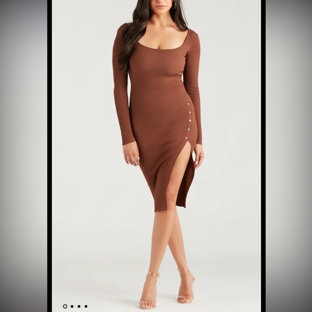 Windsor Ribbed Long Sleeve Midi Dress with Side Button Slit - Brown size S